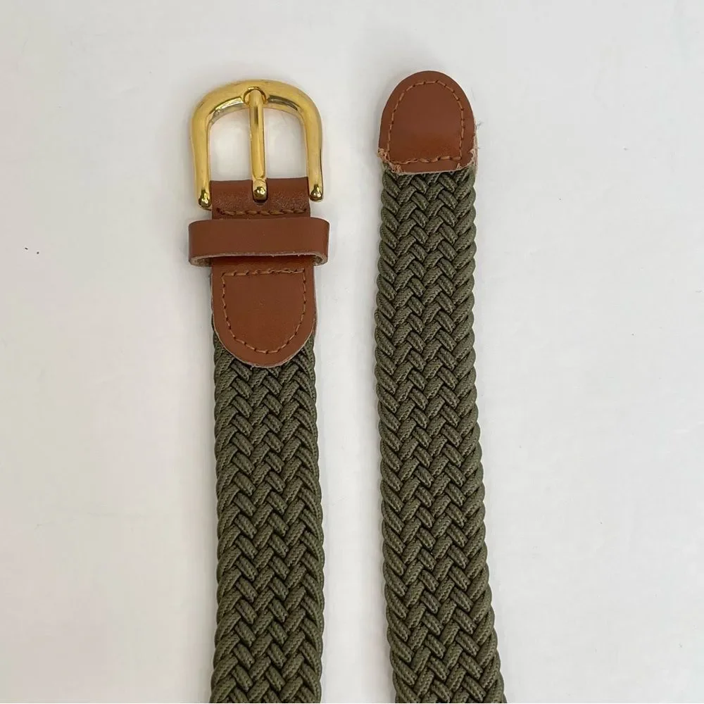 Army Green Stretchy Woven Belt Brown Trim Brass Toned Buckle Men's 28-30